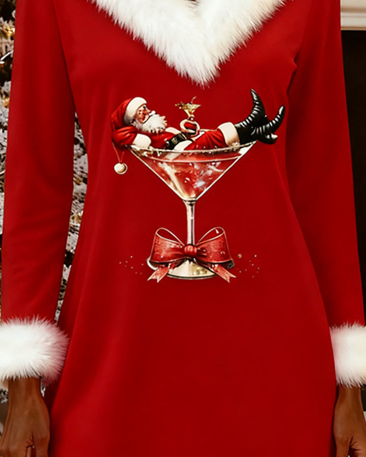 Christmas Print Fur-Collared Dress