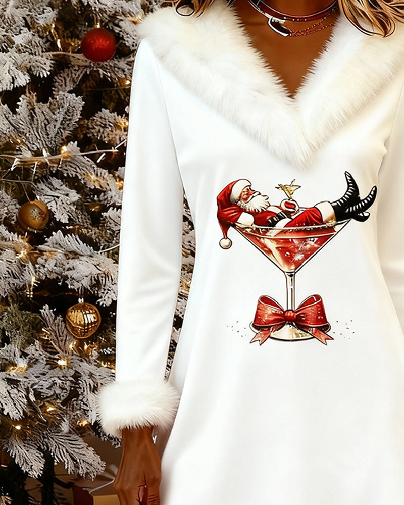 Christmas Print Fur-Collared Dress